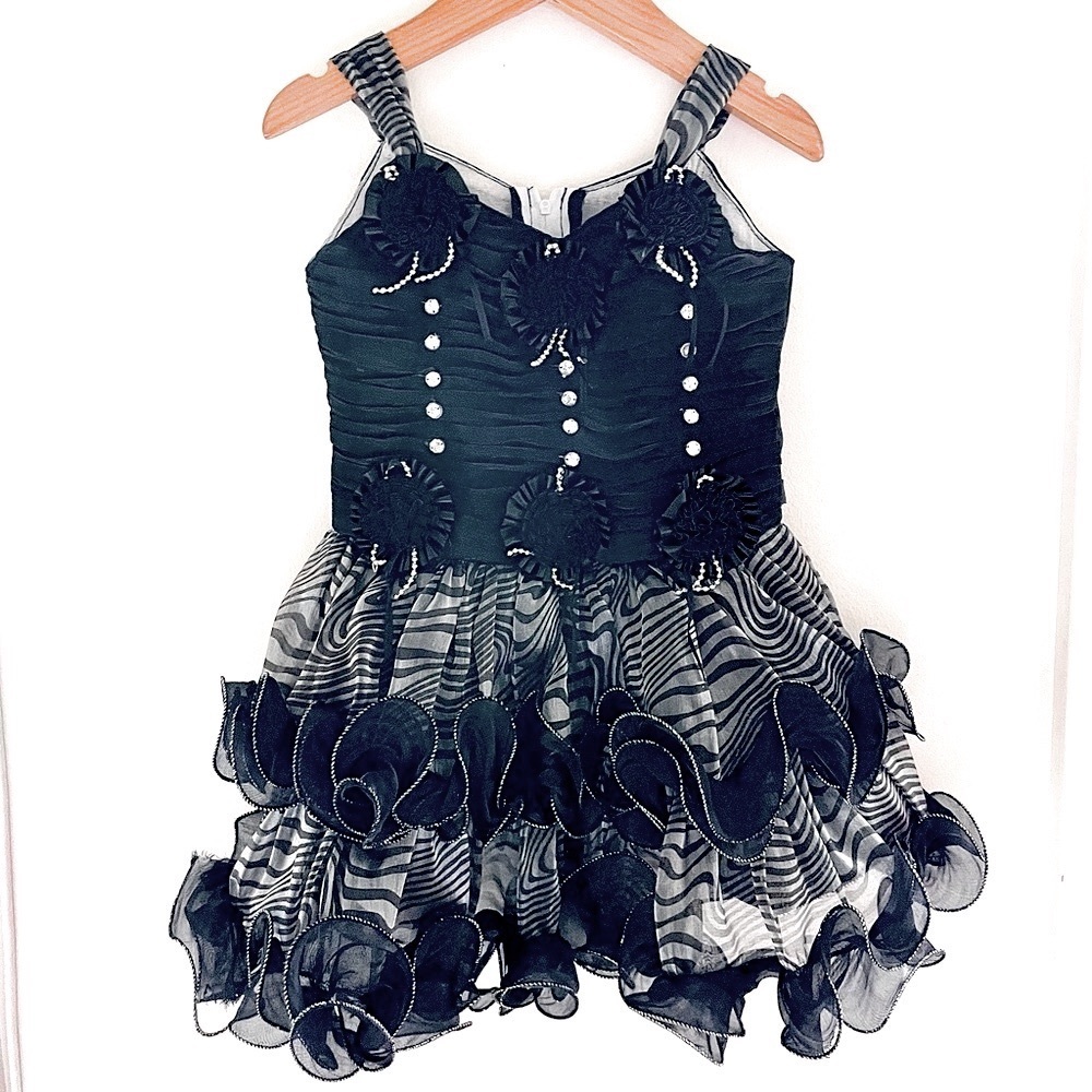 18M-2T Handmade Dance Costume: Rosettes, Rhinestones, Beads, Ruffles, Crinoline